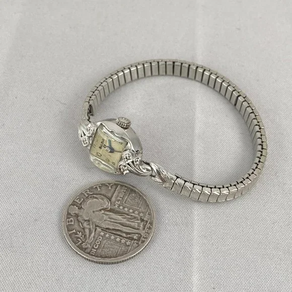 Vintage Bulova 23 Jewel Diamond Gold 10 Karat White Gold Filled Watch M1 - Picture 4 of 6